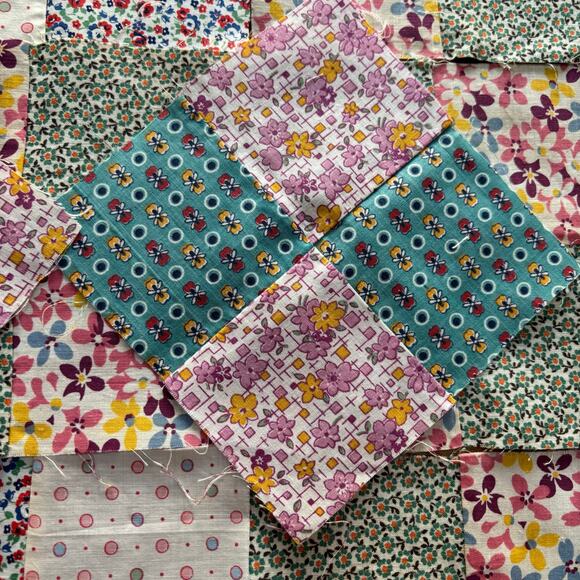Hand Sewn Patchwork quilt squares (15) multicolor blocks cotton 1940s 4-patch - Picture 6 of 10